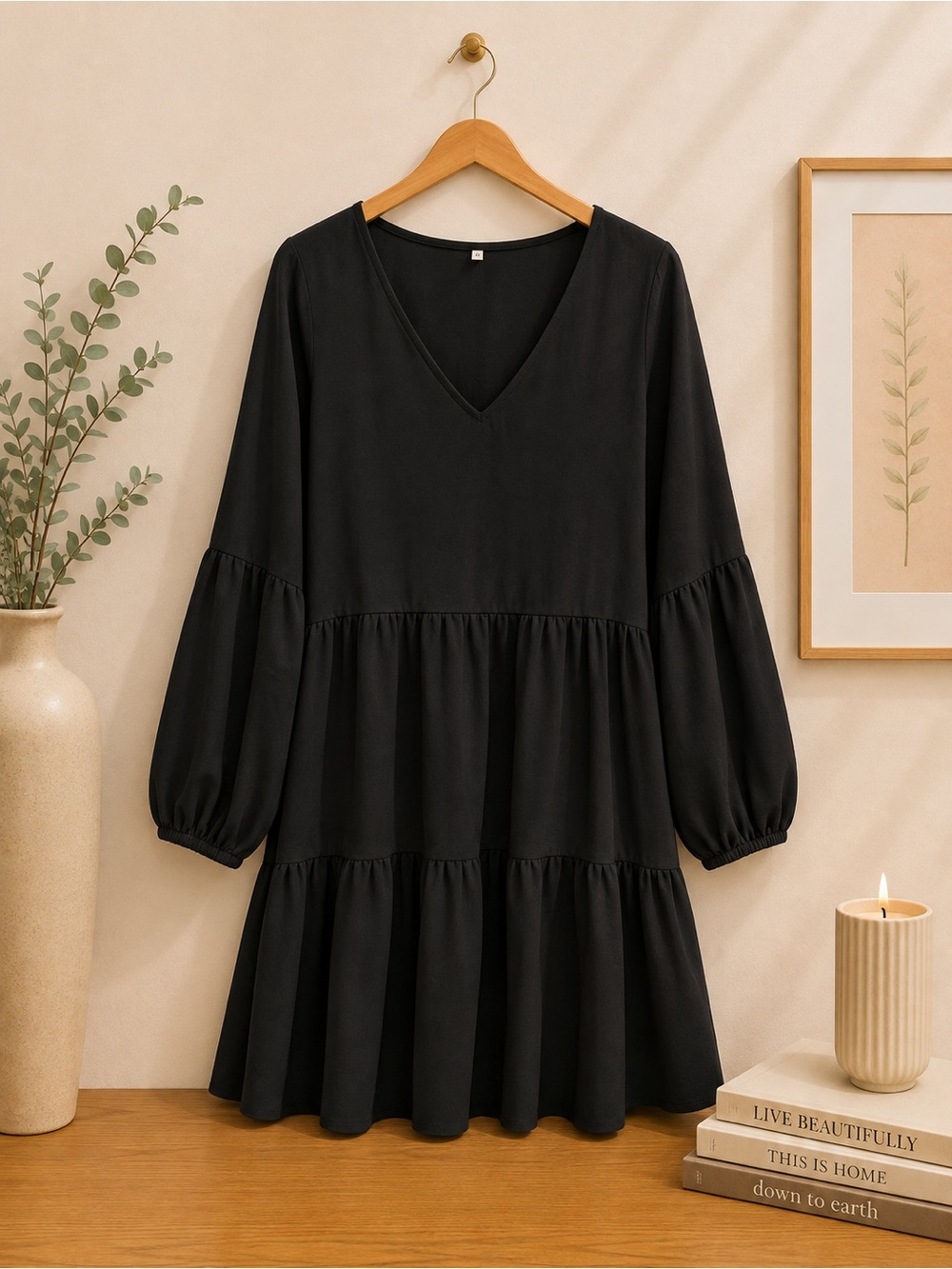 Women's Black V-Neck Tiered Dress